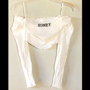 Off shoulder frill trim letter graphic top